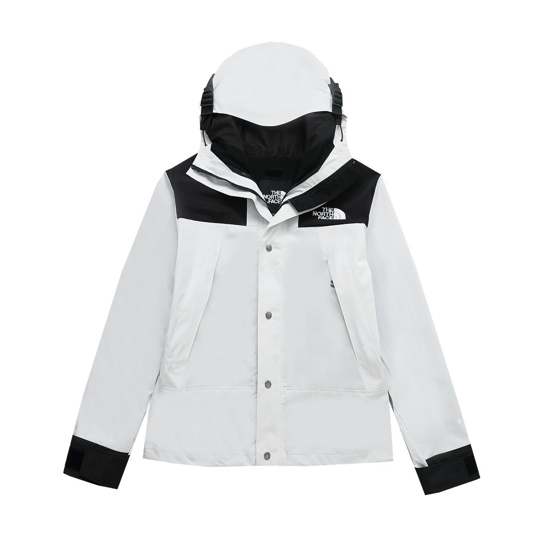 The North Face Women's Men's GORE-TEX Hooded Mountain Jacket - White & Black Color Block Waterproof Shell