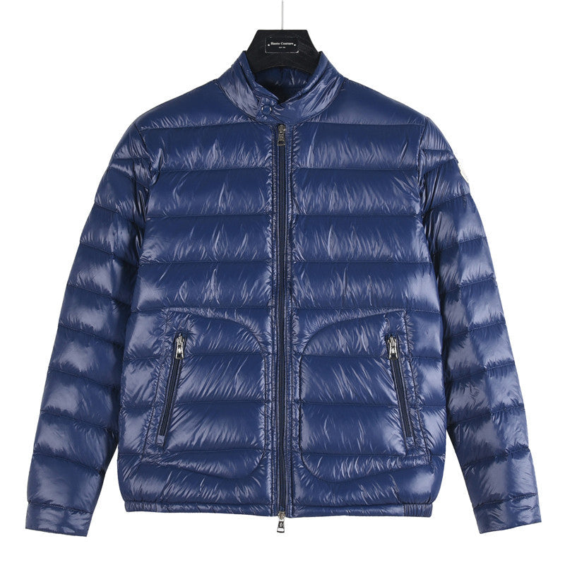 Moncler Women's Men's Stand Collar Short Down Jacket - Navy Blue