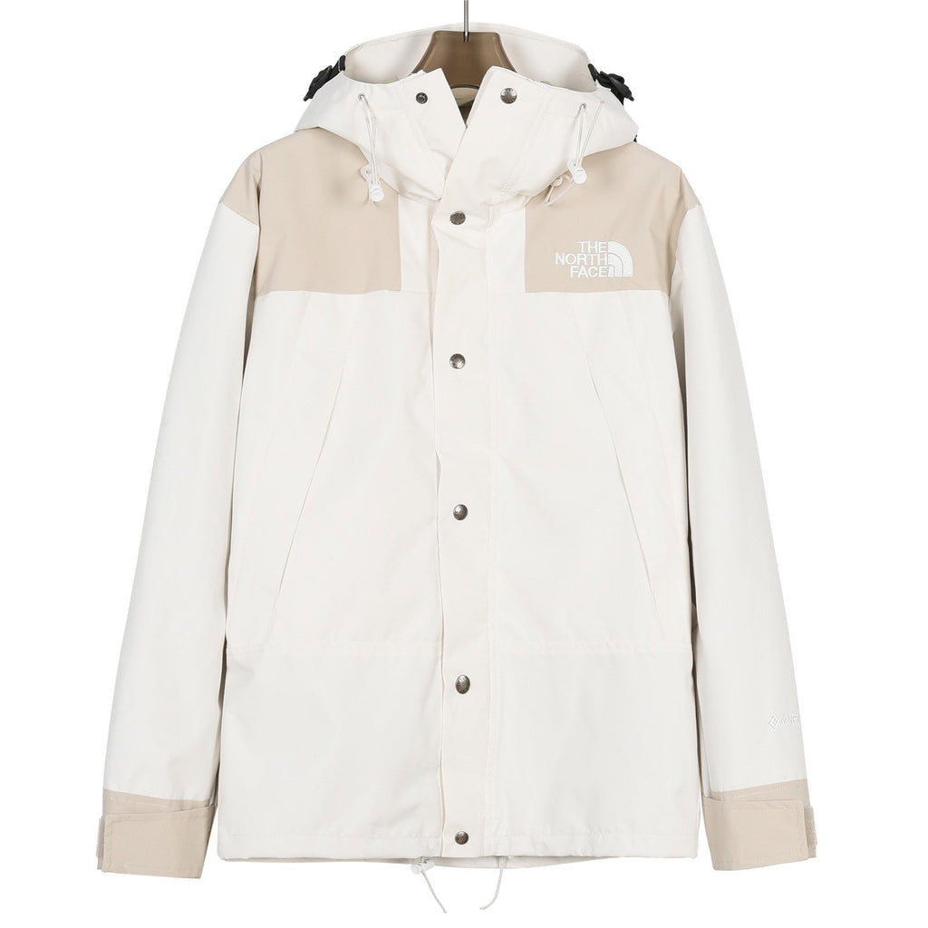 The North Face Men's Off White And Beige Color Block Hooded Mountain Jacket
