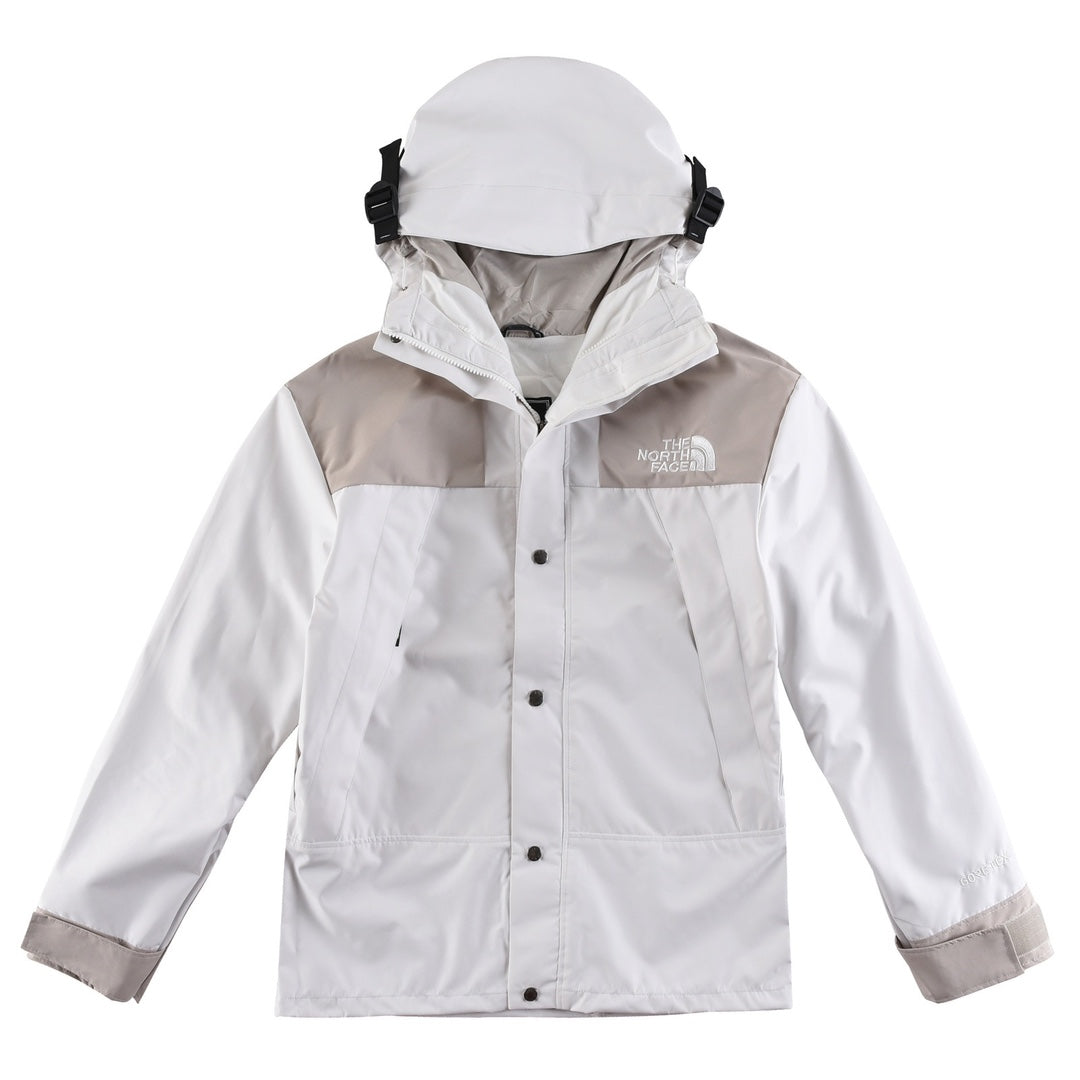 The North Face Women's Men's GORE-TEX Hooded Mountain Jacket - White & Light Khaki Color Block Waterproof Shell