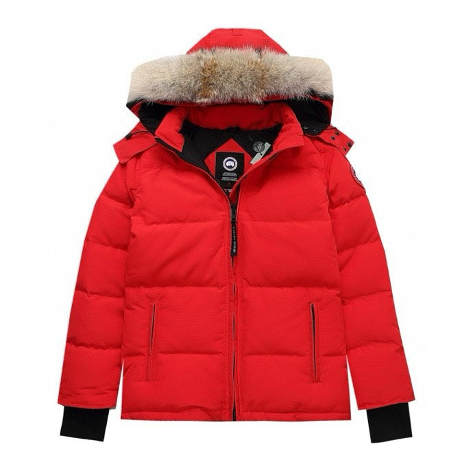 Canada Goose Women's Men's Short Hooded Down Jacket with Coyote Fur - Red