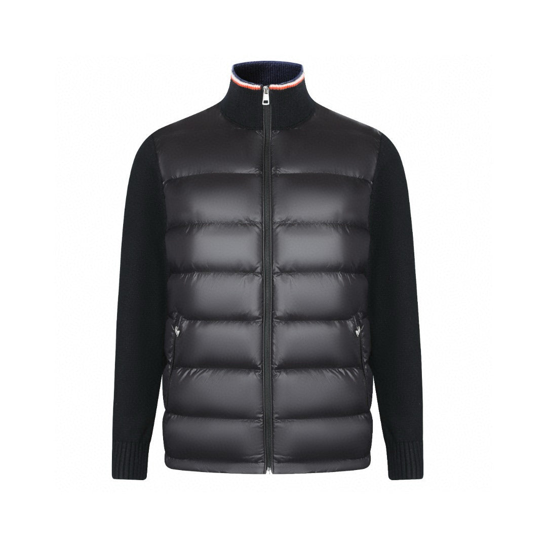 Moncler Women's Men's Knit Panel Stand Collar Down Jacket - Black