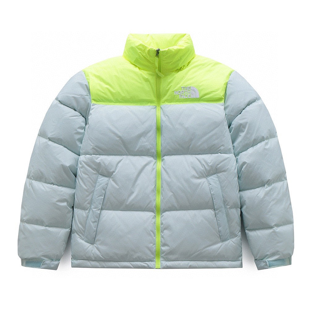 The North Face 1996 Retro Nuptse Jacket – Light Gray & Neon Green Color Block | Women's & Men's Styling