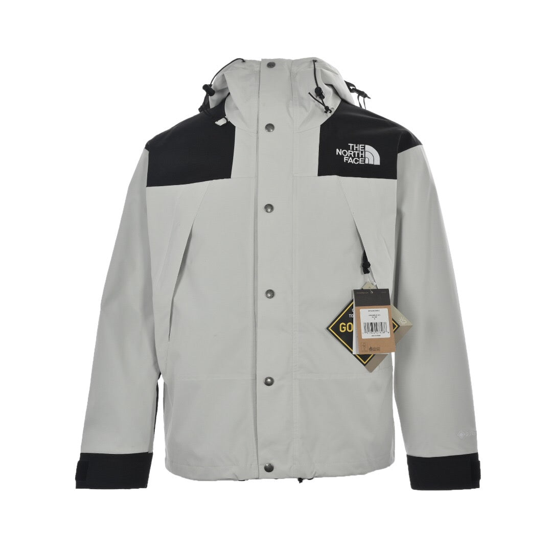 The North Face Women's Men's GORE-TEX Hooded Mountain Jacket - Light Gray & Black Color Block Waterproof Shell