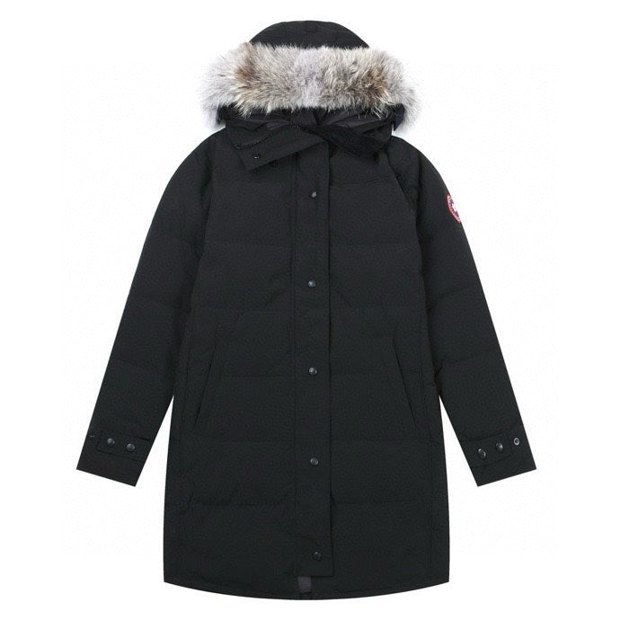 Canada Goose Women's Men's Long Hooded Down Jacket with Coyote Fur - Black