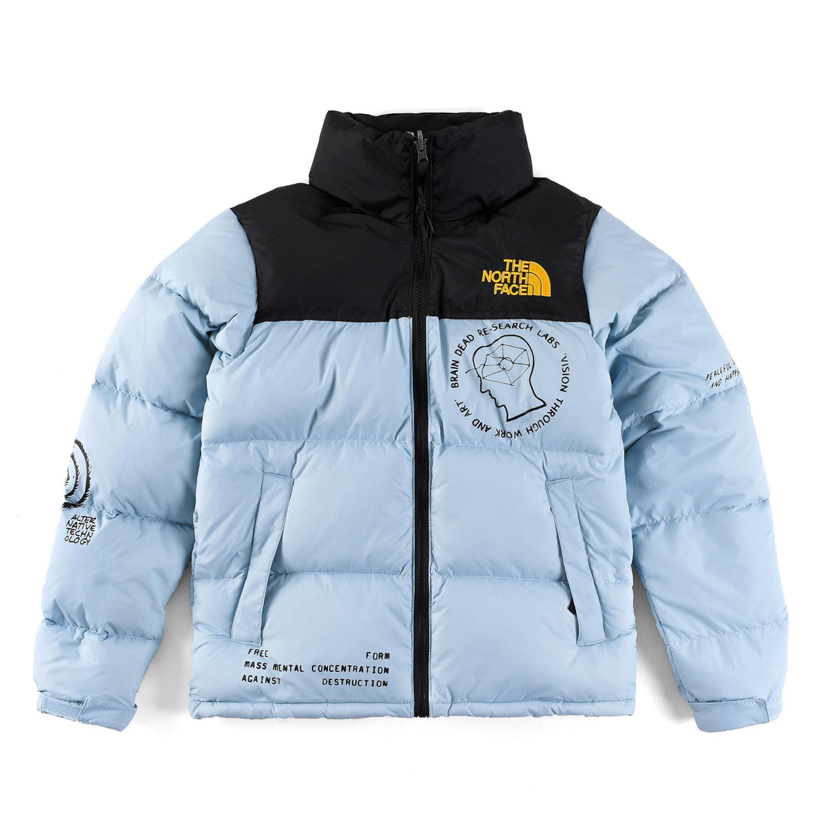 The North Face x Brain Dead Printed Puffer Jacket | Light Blue Color Block | Women's & Men's Streetwear