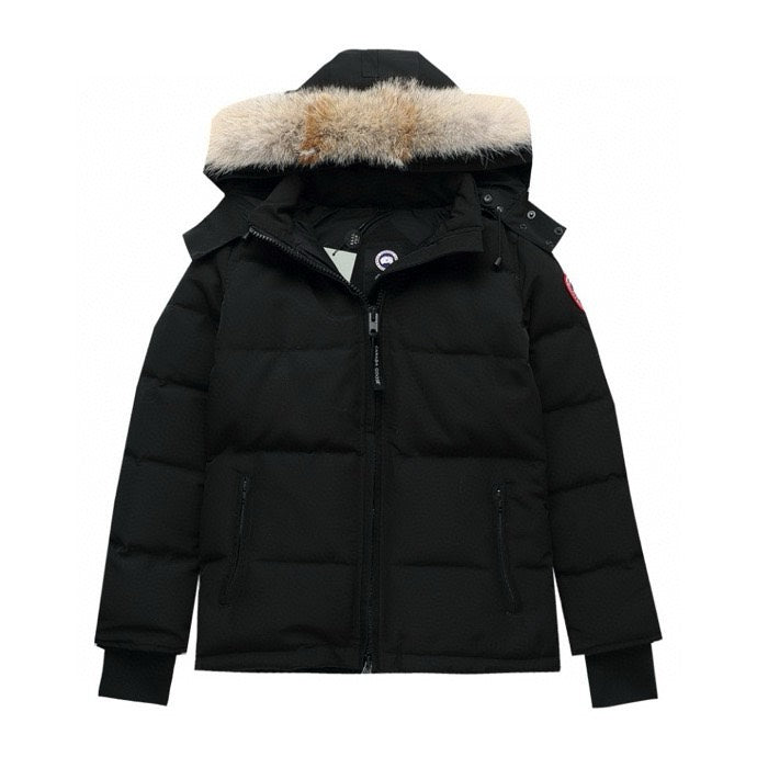 Canada Goose Women's Men's Short Hooded Down Jacket with Coyote Fur - Black