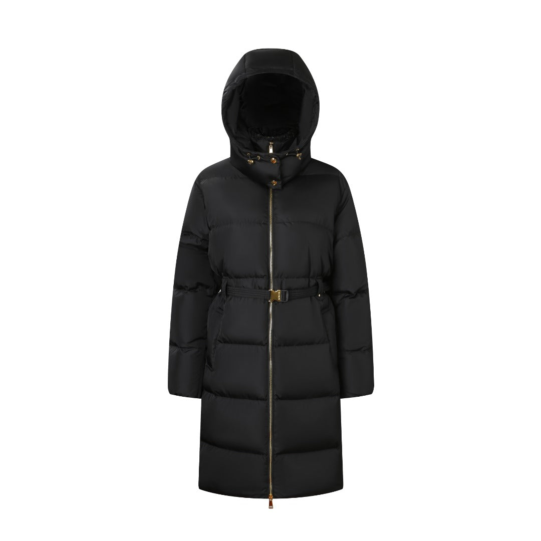 Moncler Women's Men's Belted Hooded Long Down Coat - Black