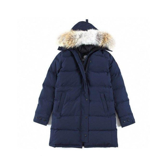 Canada Goose Women's Men's Long Hooded Down Jacket with Coyote Fur - Navy