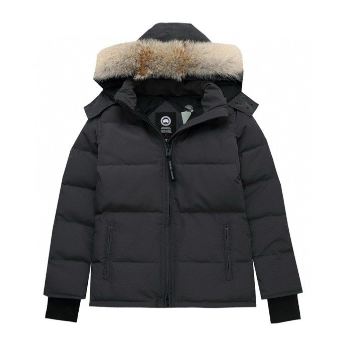Canada Goose Women's Men's Short Hooded Down Jacket with Coyote Fur - Charcoal Grey