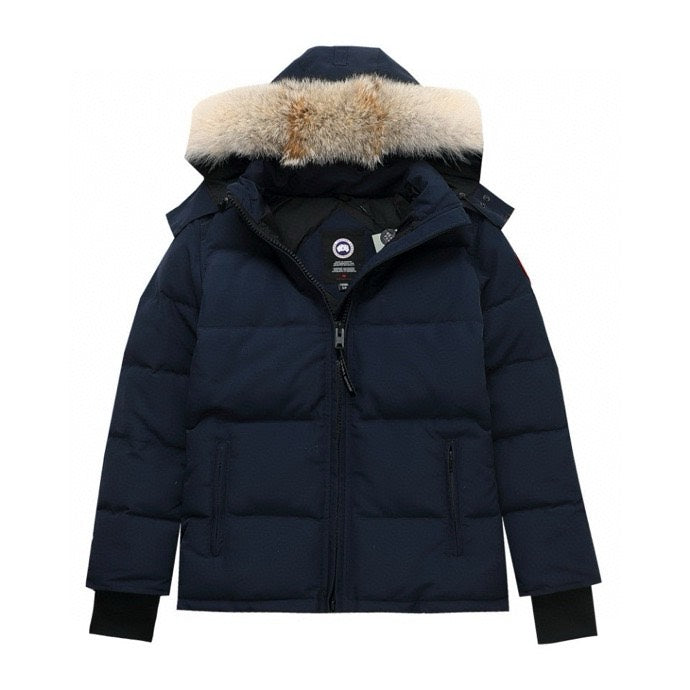 Canada Goose Women's Men's Short Hooded Down Jacket with Coyote Fur - Navy