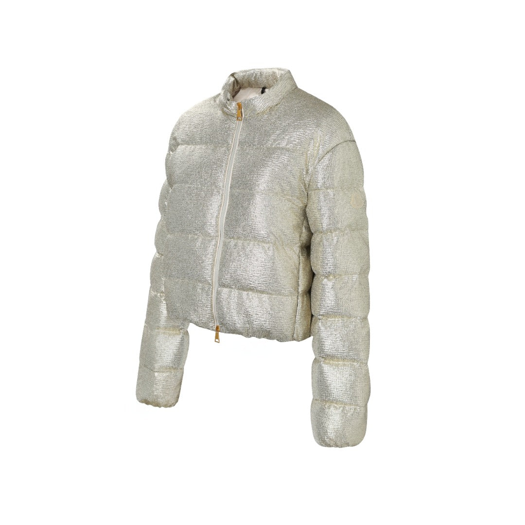 Moncler Women's Men's Shiny Stand Collar Cropped Down Jacket - Silver