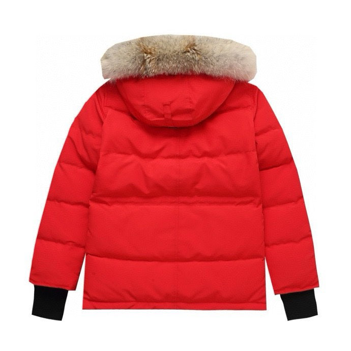 Canada Goose Women's Men's Short Hooded Down Jacket with Coyote Fur - Red