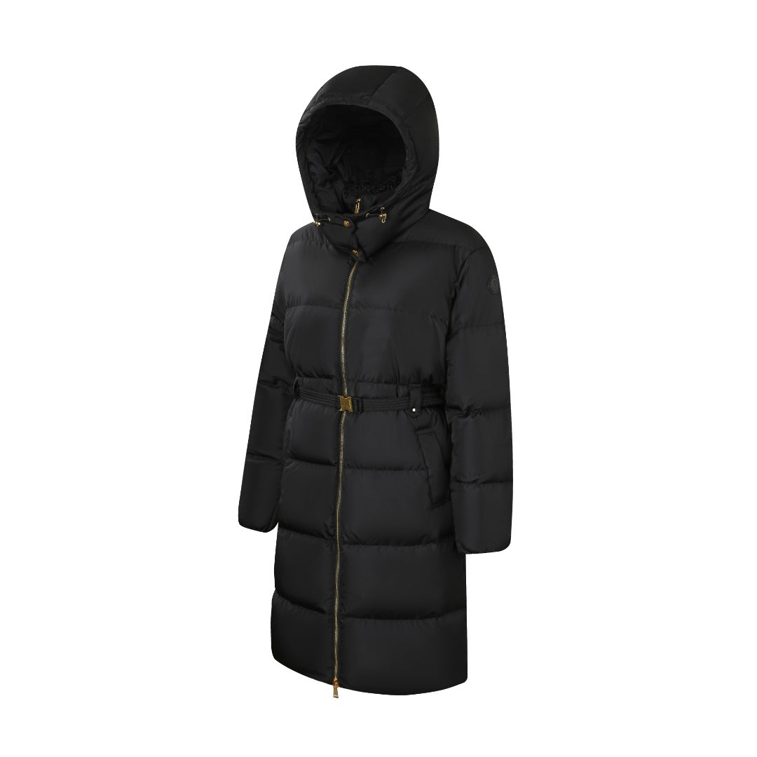 Moncler Women's Men's Belted Hooded Long Down Coat - Black