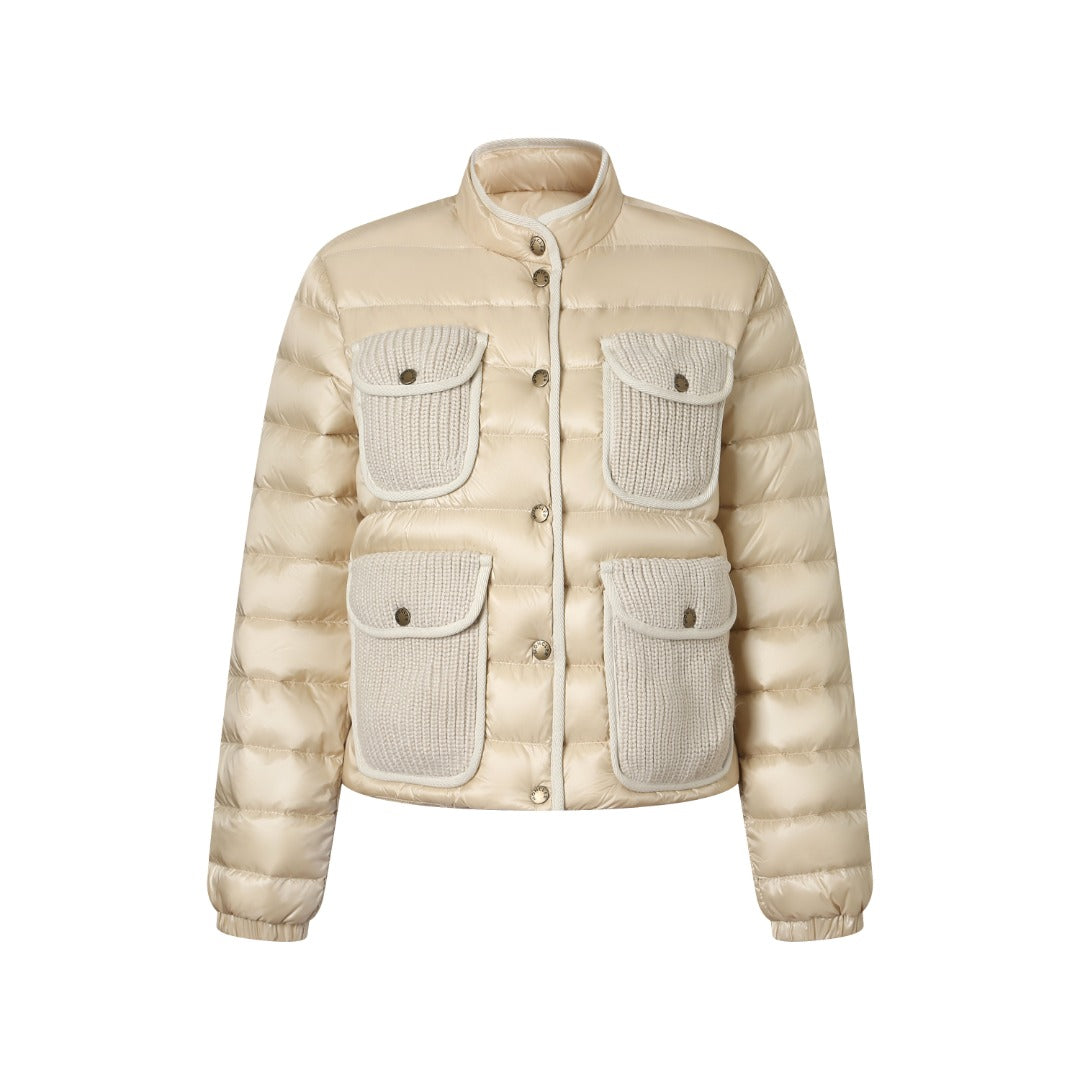 Moncler Women's Men's Knit Pocket Stand Collar Short Down Jacket - Beige