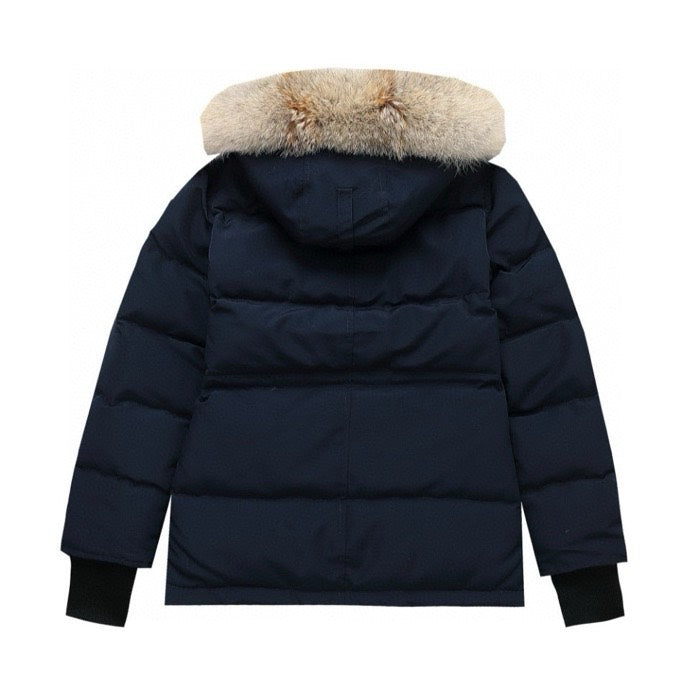 Canada Goose Women's Men's Short Hooded Down Jacket with Coyote Fur - Navy