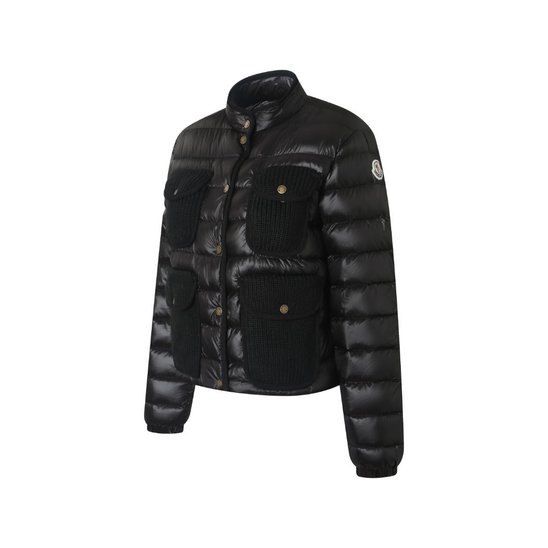 Moncler Women's Men's Knit Pocket Stand Collar Short Down Jacket - Black