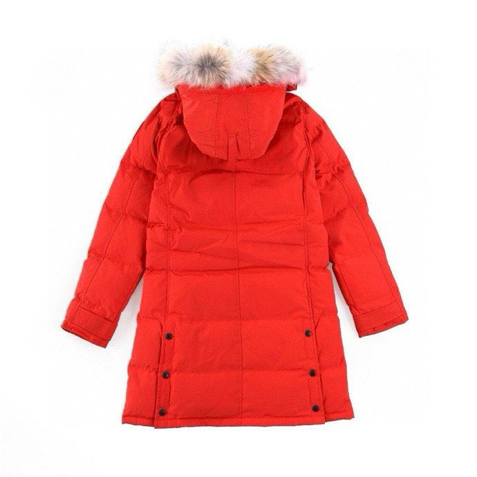 Canada Goose Women's Men's Long Hooded Down Jacket with Coyote Fur - Red