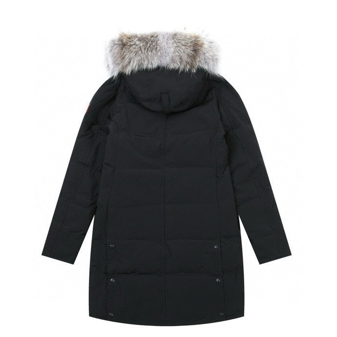 Canada Goose Women's Men's Long Hooded Down Jacket with Coyote Fur - Black