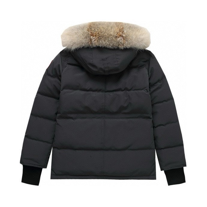Canada Goose Women's Men's Short Hooded Down Jacket with Coyote Fur - Charcoal Grey