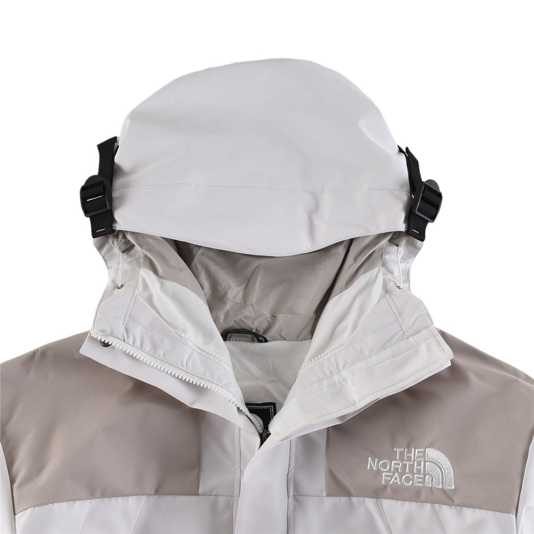 The North Face Women's Men's GORE-TEX Hooded Mountain Jacket - White & Light Khaki Color Block Waterproof Shell