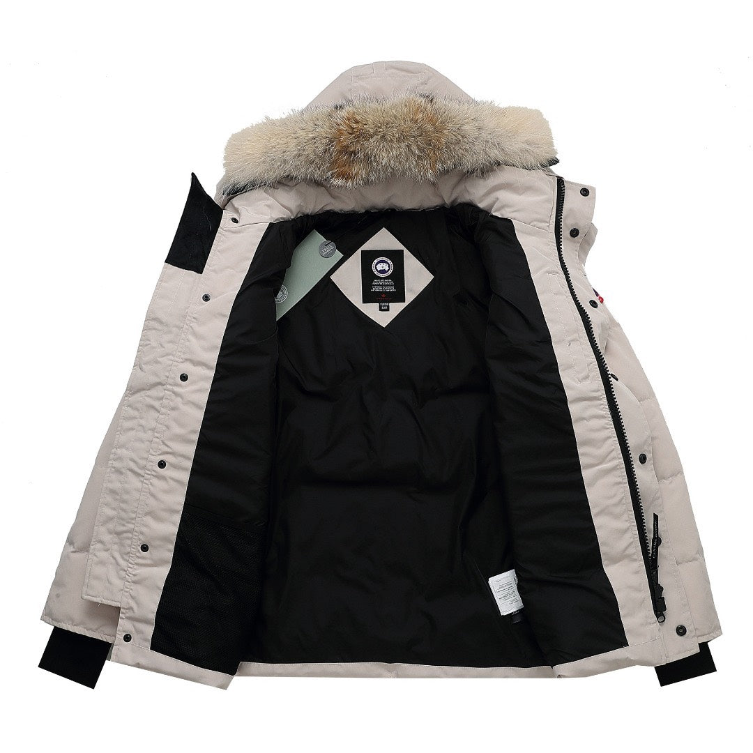 Canada Goose Women's Men's Mid-Length Hooded Down Jacket with Coyote Fur - Light Beige