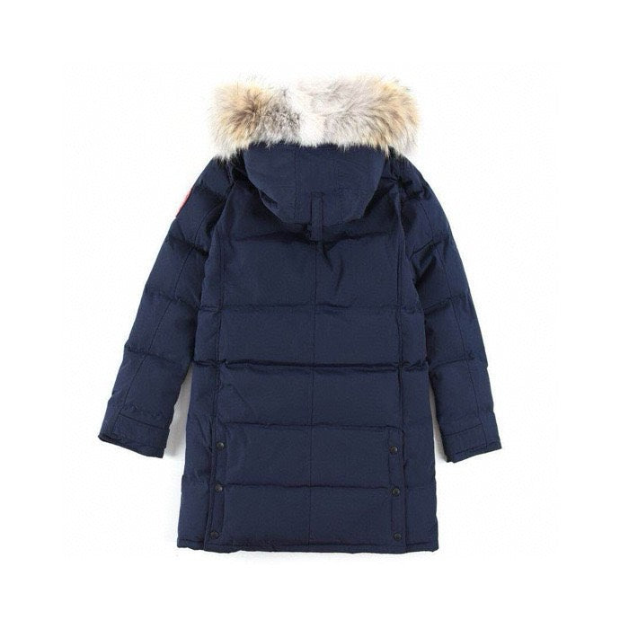 Canada Goose Women's Men's Long Hooded Down Jacket with Coyote Fur - Navy