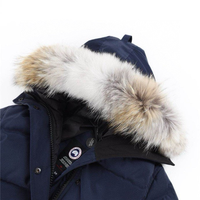 Canada Goose Women's Men's Long Hooded Down Jacket with Coyote Fur - Navy