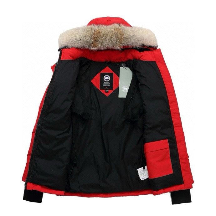 Canada Goose Women's Men's Short Hooded Down Jacket with Coyote Fur - Red