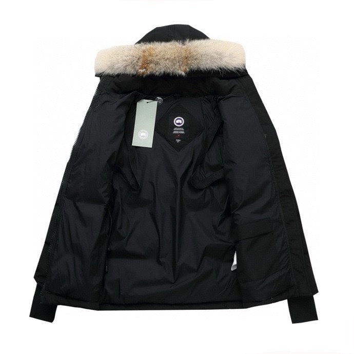 Canada Goose Women's Men's Short Hooded Down Jacket with Coyote Fur - Black