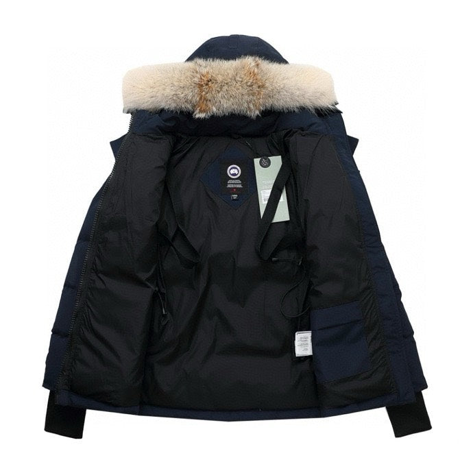 Canada Goose Women's Men's Short Hooded Down Jacket with Coyote Fur - Navy