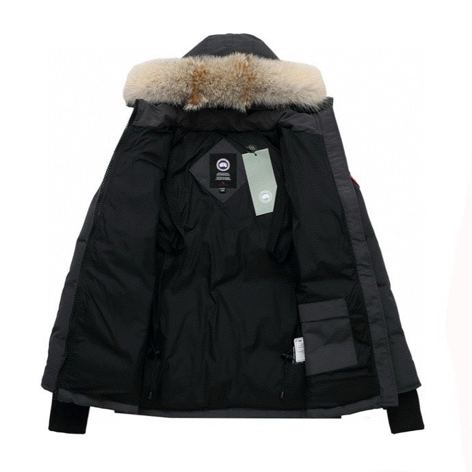 Canada Goose Women's Men's Short Hooded Down Jacket with Coyote Fur - Charcoal Grey