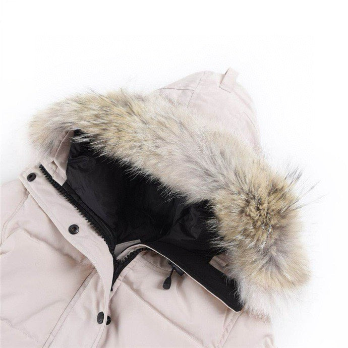 Canada Goose Women's Men's Long Hooded Down Jacket with Coyote Fur - Light Beige