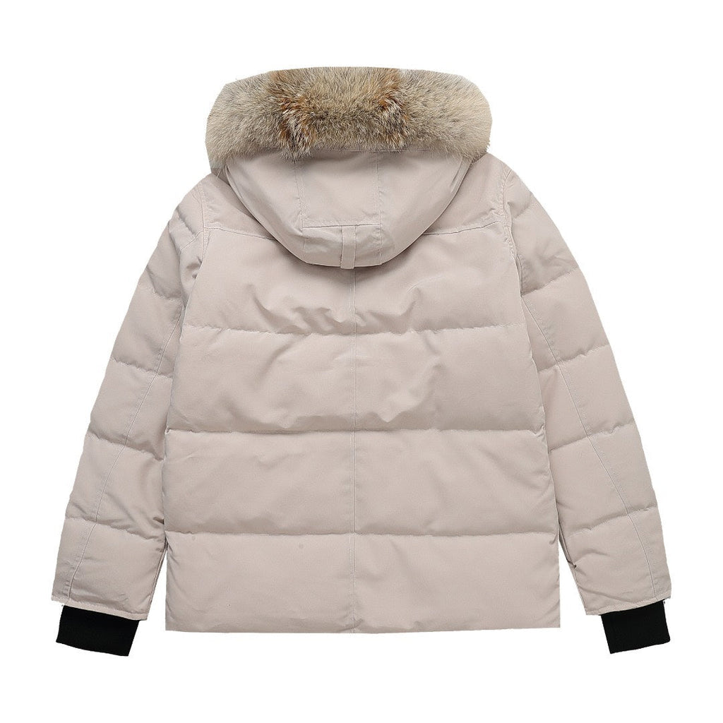 Canada Goose Women's Men's Mid-Length Hooded Down Jacket with Coyote Fur - Light Beige