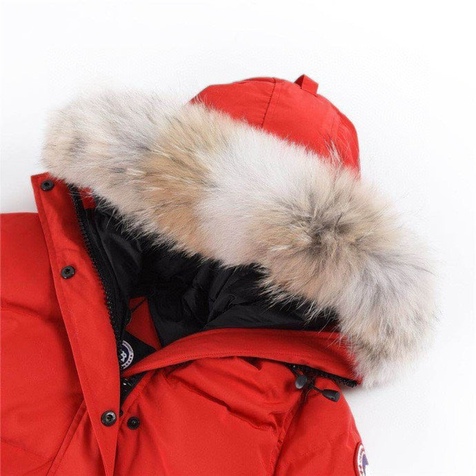 Canada Goose Women's Men's Long Hooded Down Jacket with Coyote Fur - Red