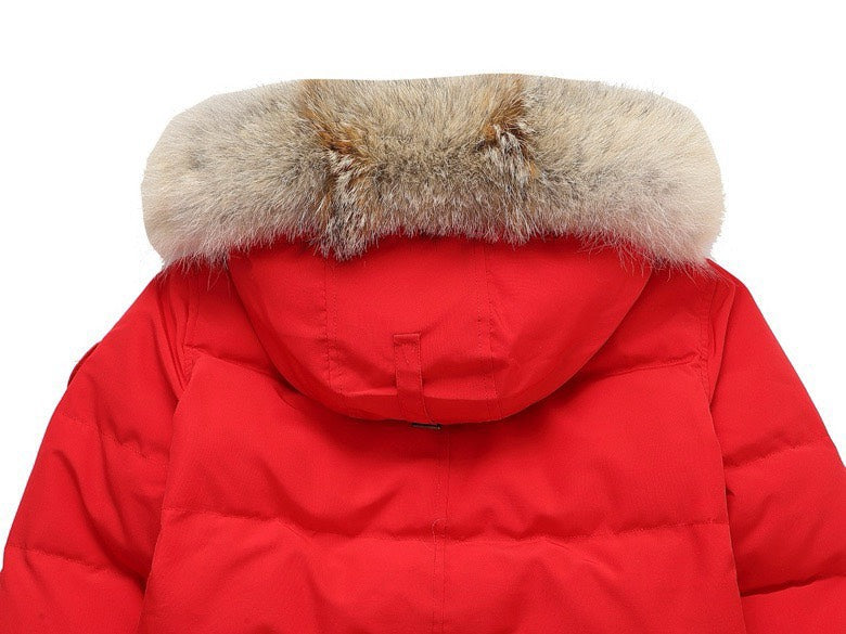 Canada Goose Women's Men's Short Hooded Down Jacket with Coyote Fur - Red