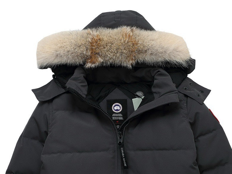 Canada Goose Women's Men's Short Hooded Down Jacket with Coyote Fur - Charcoal Grey