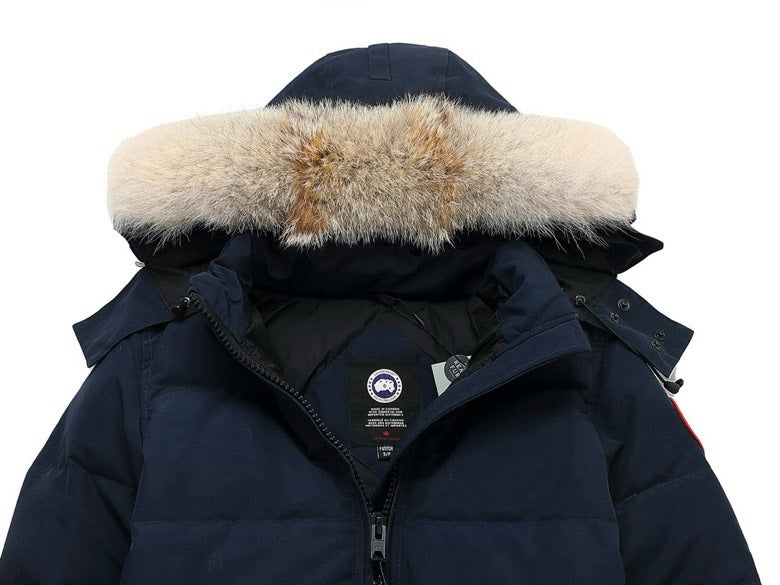 Canada Goose Women's Men's Short Hooded Down Jacket with Coyote Fur - Navy
