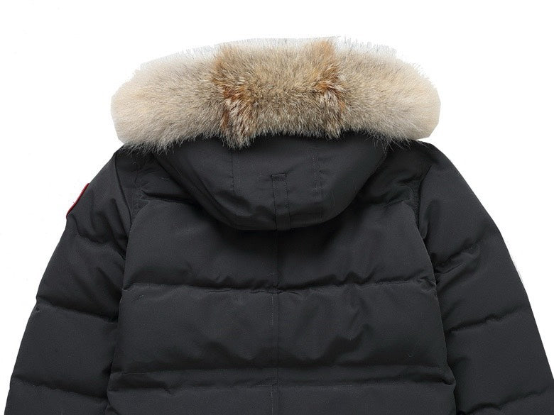 Canada Goose Women's Men's Short Hooded Down Jacket with Coyote Fur - Charcoal Grey