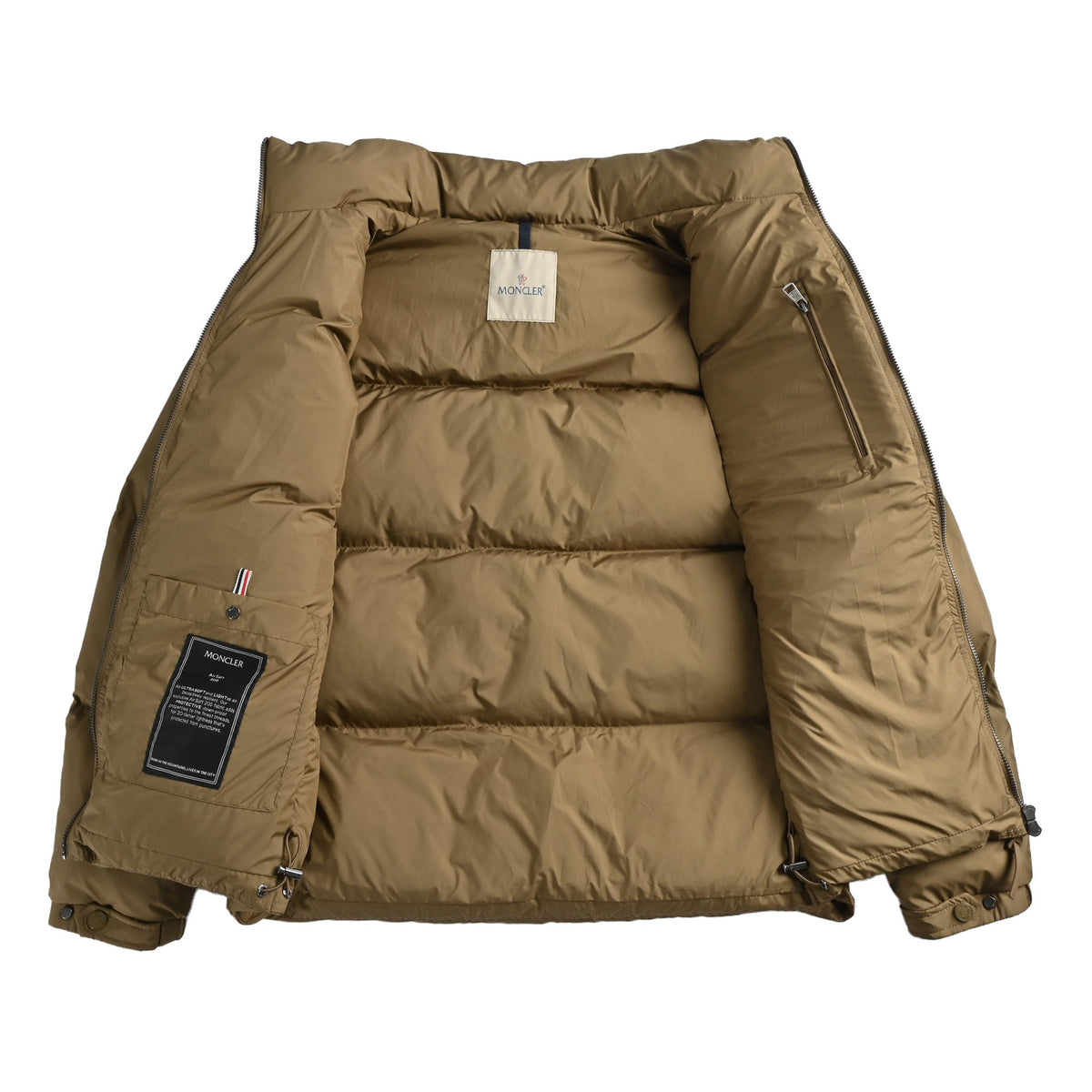Moncler Women's Men's Stand Collar Down Jacket with Leather Patch Pocket - Khaki