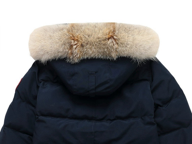 Canada Goose Women's Men's Short Hooded Down Jacket with Coyote Fur - Navy