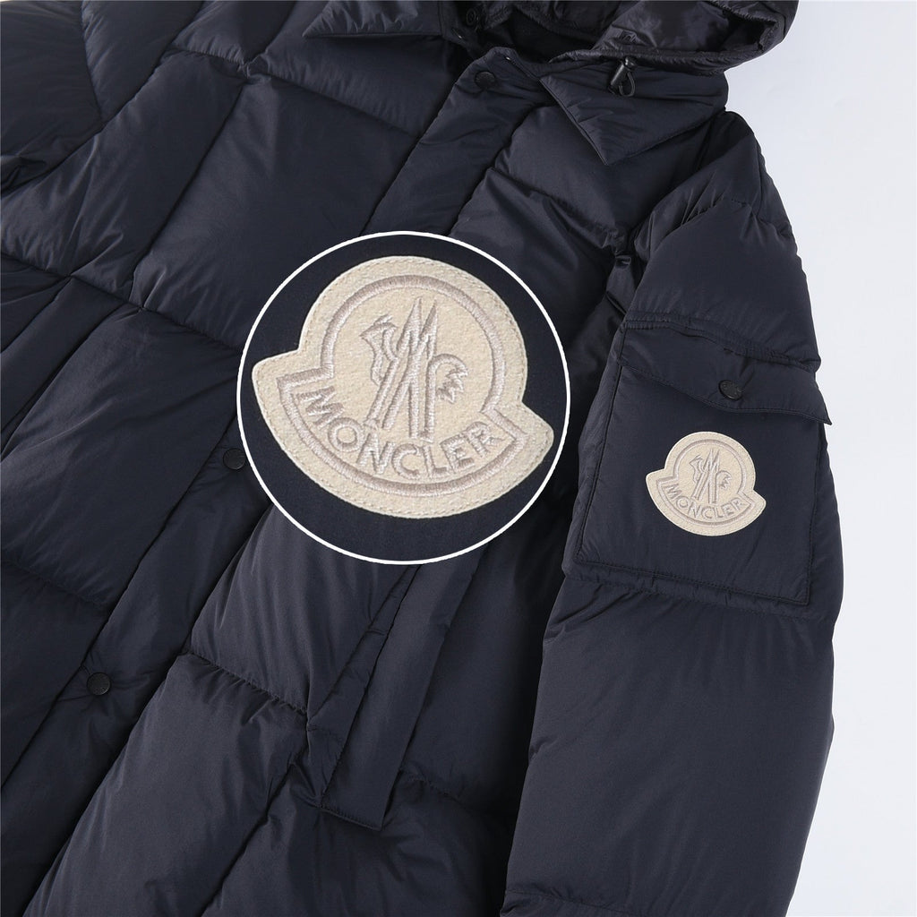 Moncler Women's Men's Mid-Length Hooded Down Coat - Navy Blue