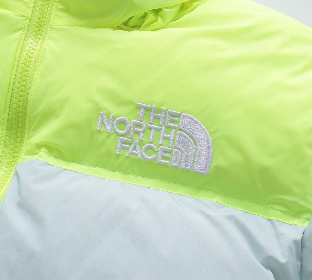 The North Face 1996 Retro Nuptse Jacket – Light Gray & Neon Green Color Block | Women's & Men's Styling