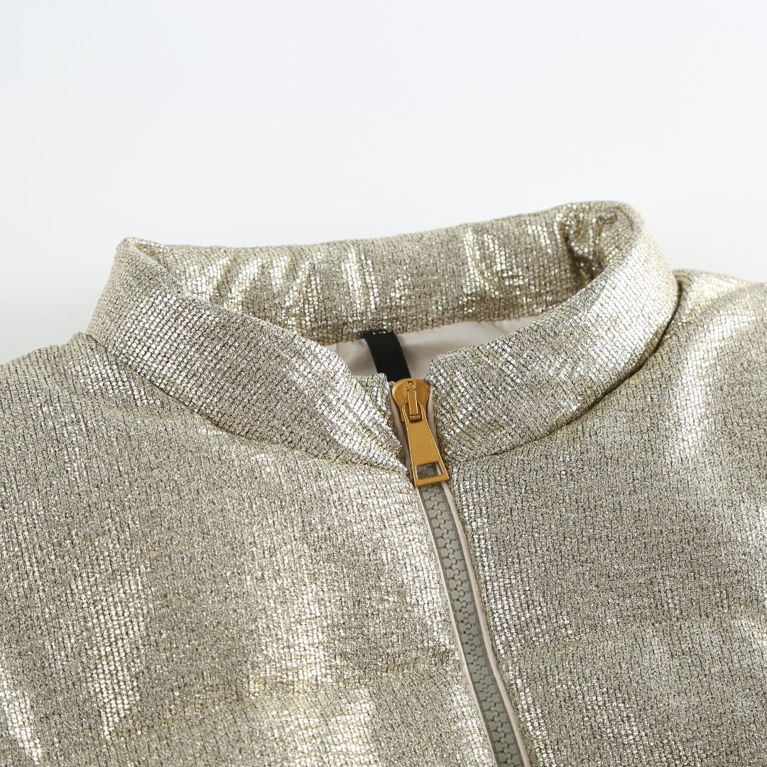 Moncler Women's Men's Shiny Stand Collar Cropped Down Jacket - Silver