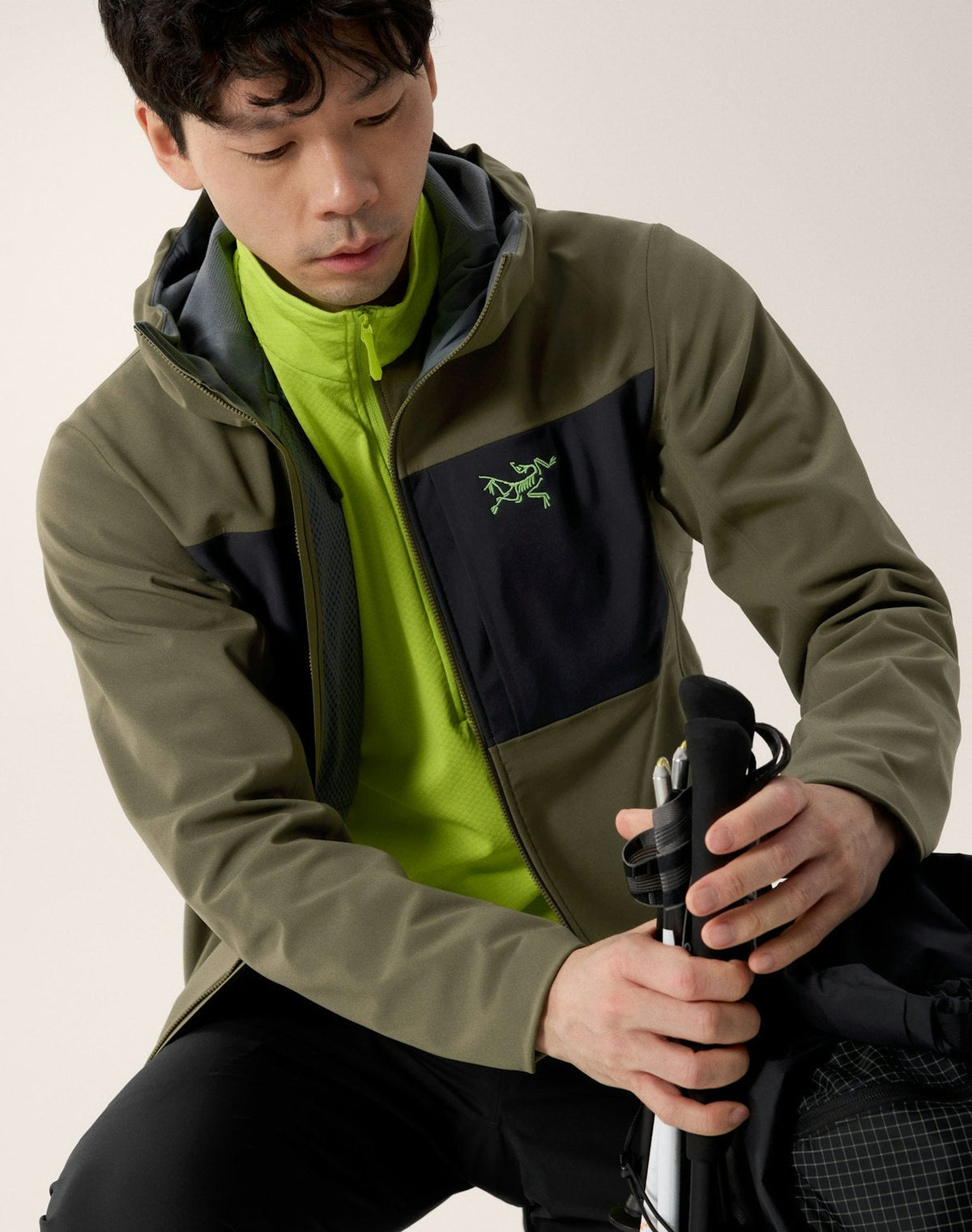 Arc'teryx Gamma MX Men's Hoody, Olive and Black Color-Block Soft Shell